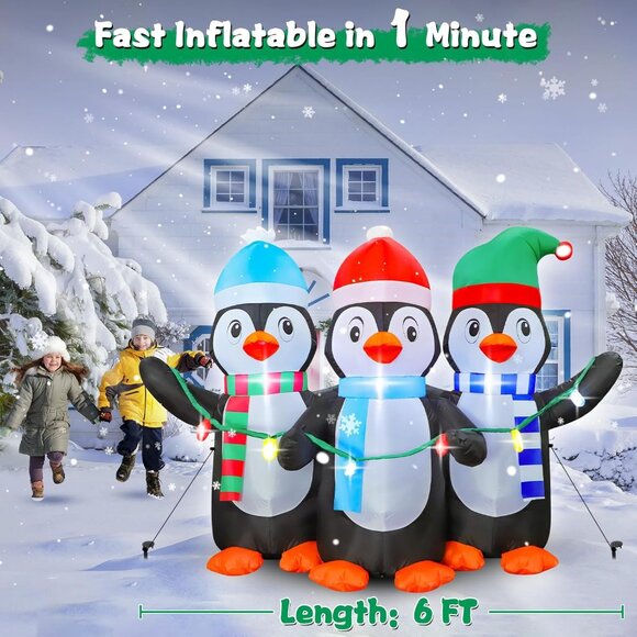⚡6FT Christmas Inflatables Blow up 3 Cute Penguins LED Light Outdoor Decoration - Picture 2 of 6